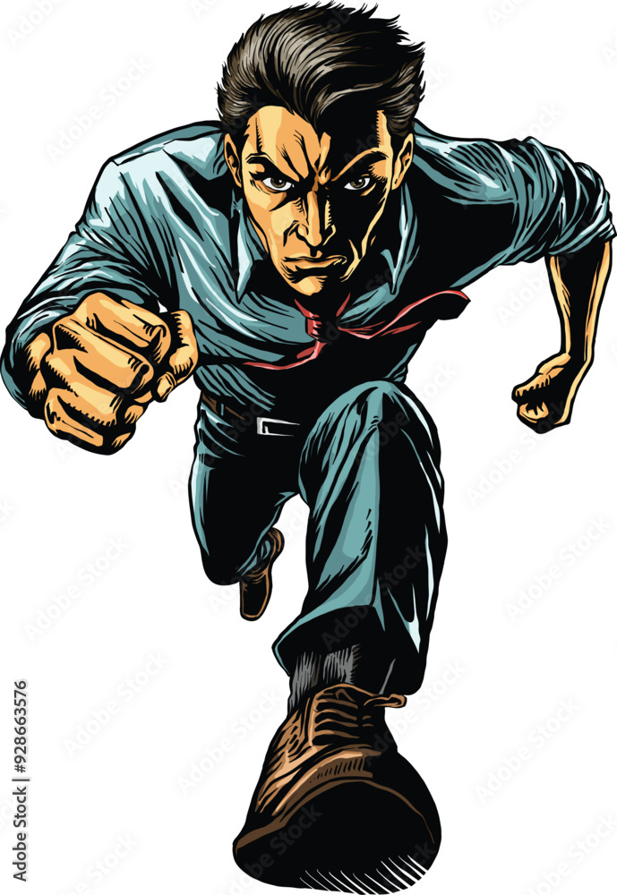 Worker is running towards camera angry boss comic art colored Worker is running towards camera angry boss comic art colored