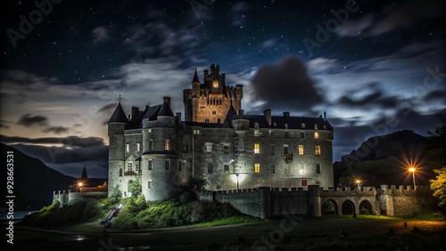 A majestic stone castle illuminated at night under a starry sky.