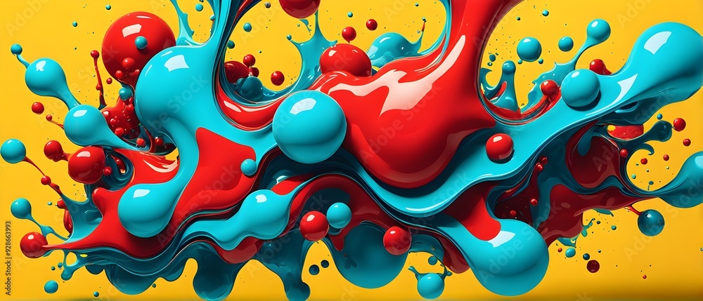Abstract image with vibrant blue and red blobs and liquid shapes on a yellow background Abstract image with vibrant blue and red blobs and liquid shapes on a yellow background