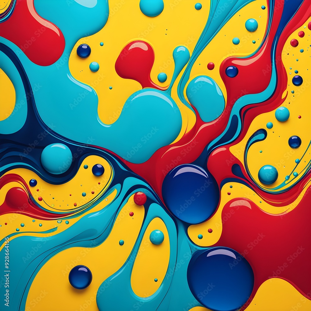 Abstract image with vibrant blue and red blobs and liquid shapes on a yellow background Abstract image with vibrant blue and red blobs and liquid shapes on a yellow background