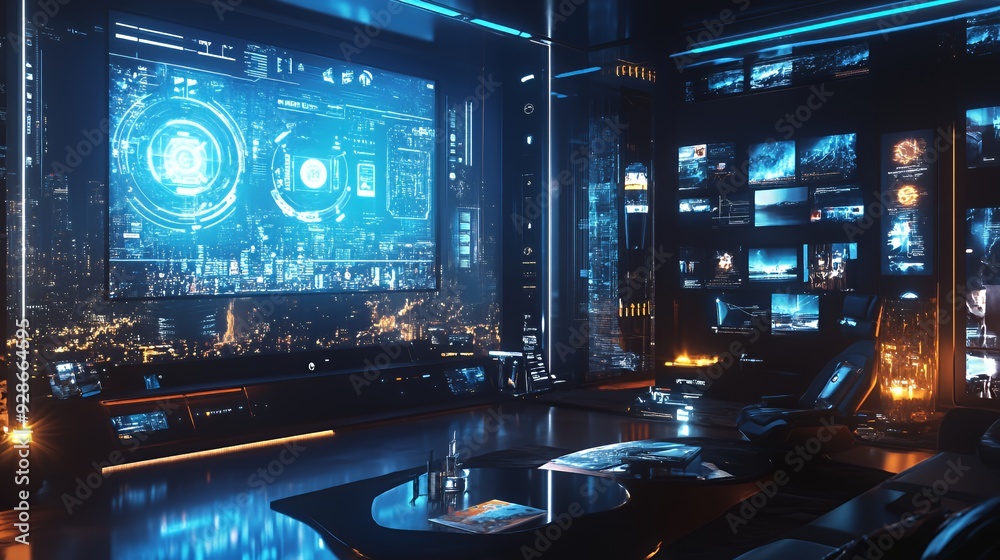 Futuristic interior with a large screen displaying a city skyline and glowing blue interface. Futuristic interior with a large screen displaying a city skyline and glowing blue interface.