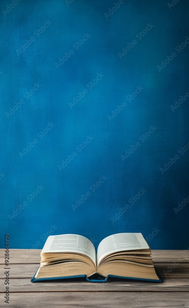 Gateway to Knowledge: An Open Book on a Wooden Desk with a Blue Gradient Background, Symbolizing the Boundless Realm of Learning and Enlightenment. Gateway to Knowledge: An Open Book on a Wooden Desk with a Blue Gradient Background, Symbolizing the Boundless Realm of Learning and Enlightenment.