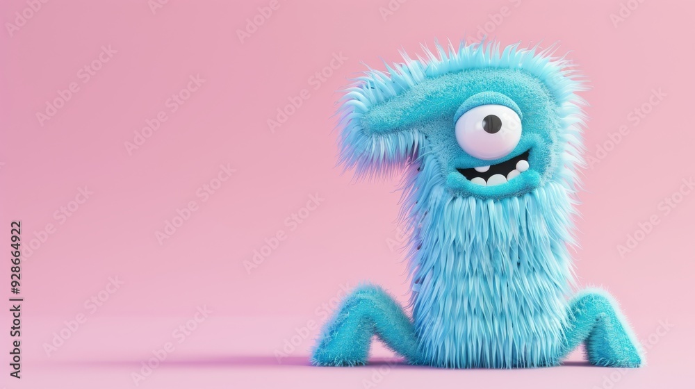 Fototapeta premium Blue 3D Fluffy Number 1 with pink background.