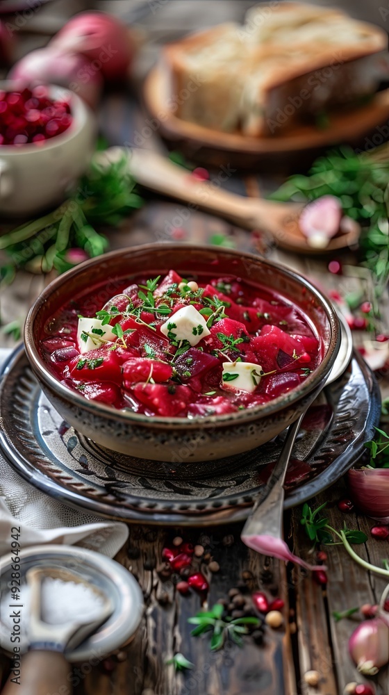 Borscht in a plate, rustic style food Borscht in a plate, rustic style food