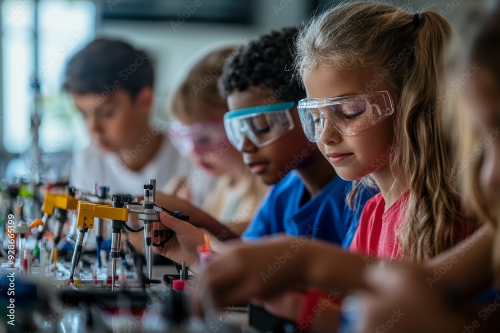 Children working on an engineering project in a school lab
