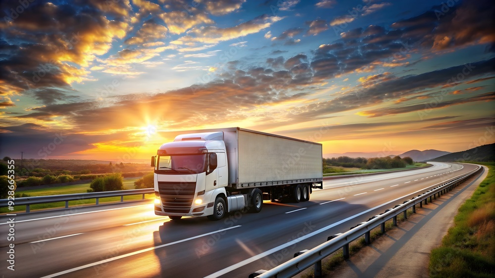 Logistics truck driving on motorway at sunset, supply chain, transportation, delivery, shipping, freight Logistics truck driving on motorway at sunset, supply chain, transportation, delivery, shipping, freight