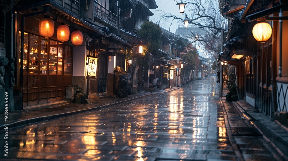 Wet cobblestone street lined with traditional Japanese buildings and lanterns at night. Wet cobblestone street lined with traditional Japanese buildings and lanterns at night.