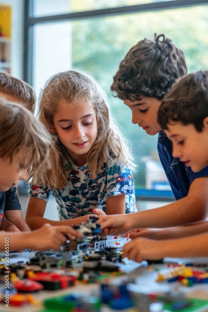 Children assembling a model together in a classroom Children assembling a model together in a classroom