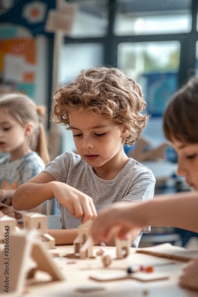 Children assembling a model together in a classroom Children assembling a model together in a classroom