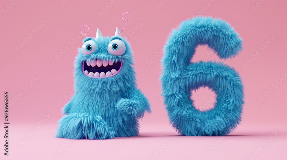 Fototapeta premium Blue 3D Fluffy Number 6 with pink background.