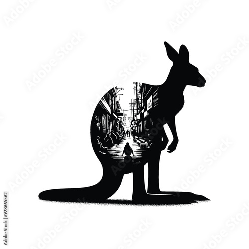 silhouette of Kangaroo filled with ghetto street in rough drawing,