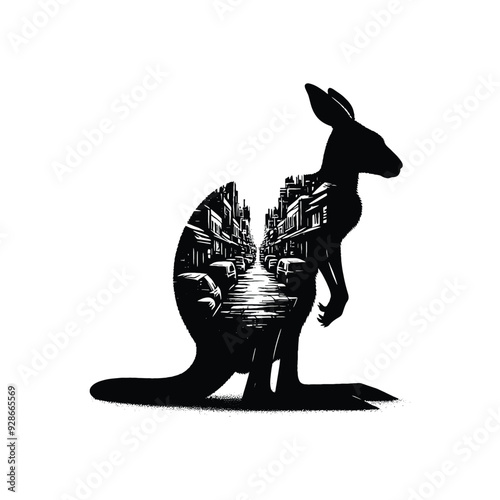silhouette of Kangaroo filled with ghetto street in rough drawing,