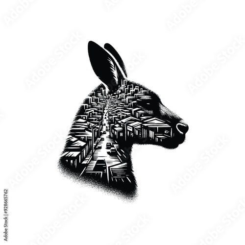 silhouette of Kangaroo filled with ghetto street in rough drawing,