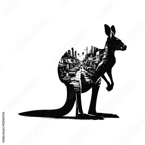 silhouette of Kangaroo filled with ghetto street in rough drawing,