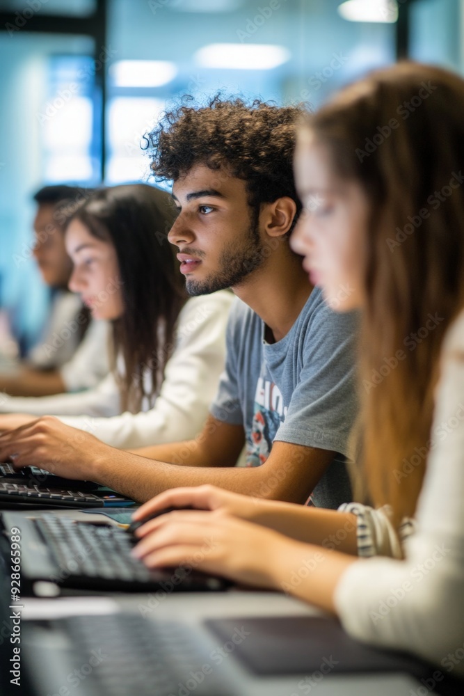 Group of students working on a coding project in a computer lab Group of students working on a coding project in a computer lab