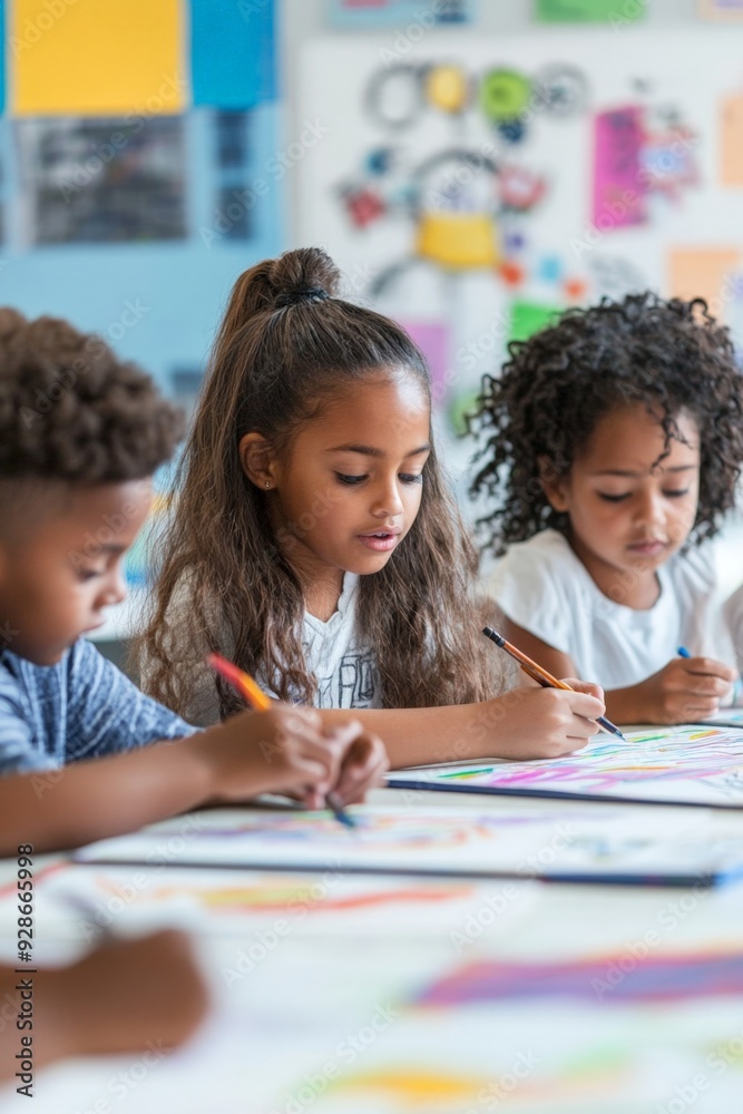 Fototapeta premium Children in a classroom working on a team art project