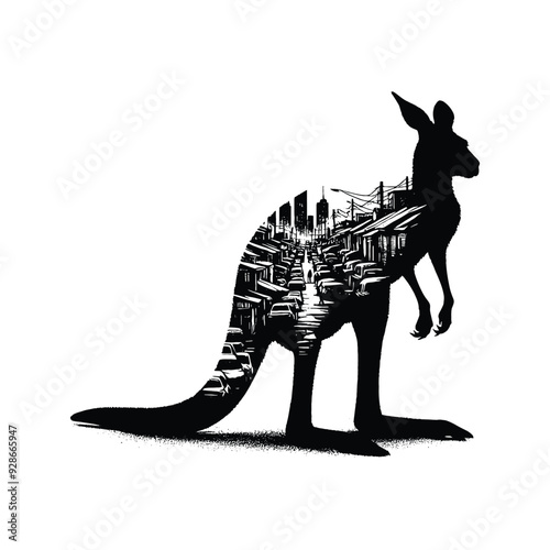 silhouette of Kangaroo filled with ghetto street in rough drawing,