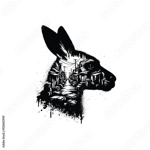 silhouette of Kangaroo filled with ghetto street in rough drawing,