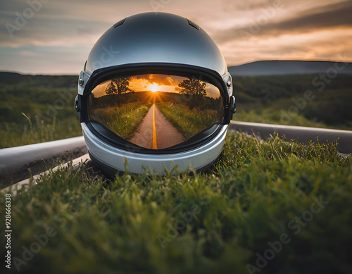 bike helmet closeup photo with sunset refelection on halmet mirror photo