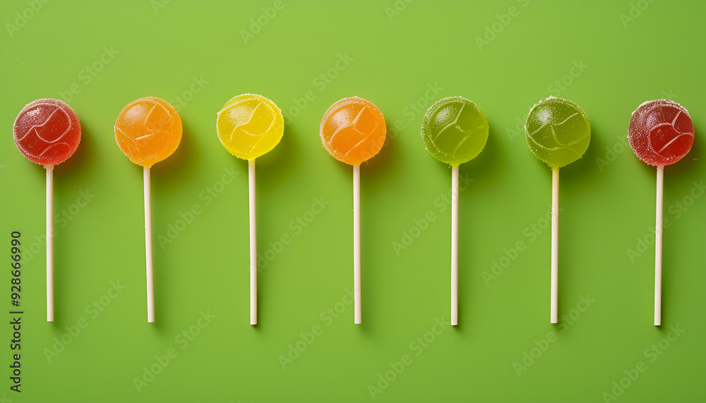 Tasty lollipops on green background, flat lay Tasty lollipops on green background, flat lay