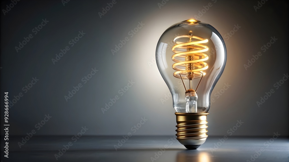 Glowing light bulb with spiral filament on grey background, illumination, electricity, technology, energy, vintage Glowing light bulb with spiral filament on grey background, illumination, electricity, technology, energy, vintage
