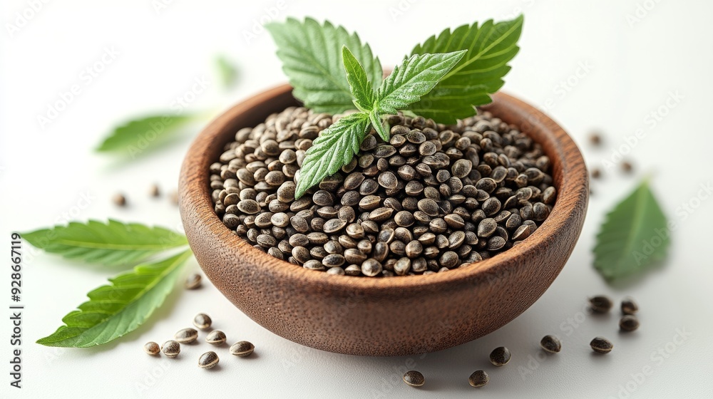 A close-up of hemp seeds in a wooden bowl, garnished with fresh green leaves, illustrating natural health and nutrition. A close-up of hemp seeds in a wooden bowl, garnished with fresh green leaves, illustrating natural health and nutrition.