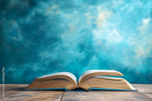 Gateway to Knowledge: An Open Book on a Wooden Desk with a Blue Gradient Background, Symbolizing the Boundless Realm of Learning and Enlightenment.