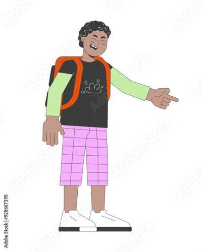 African american schoolboy pointing finger 2D cartoon character. Black boy with backpack mocking isolated flat vector person white background. Bully kid laughing mockingly color spot illustration