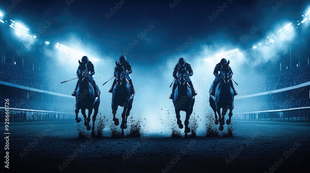 Fototapeta premium horse fast run in riding competition at night in track 