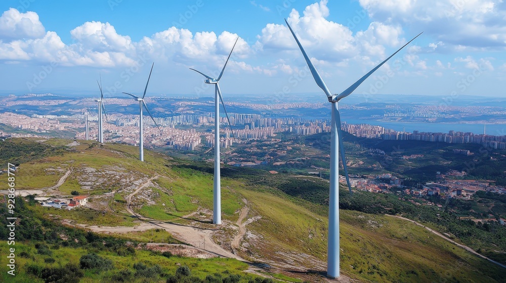 Wind turbines stand tall on a hilltop overlooking a city and coastline. Wind turbines stand tall on a hilltop overlooking a city and coastline.