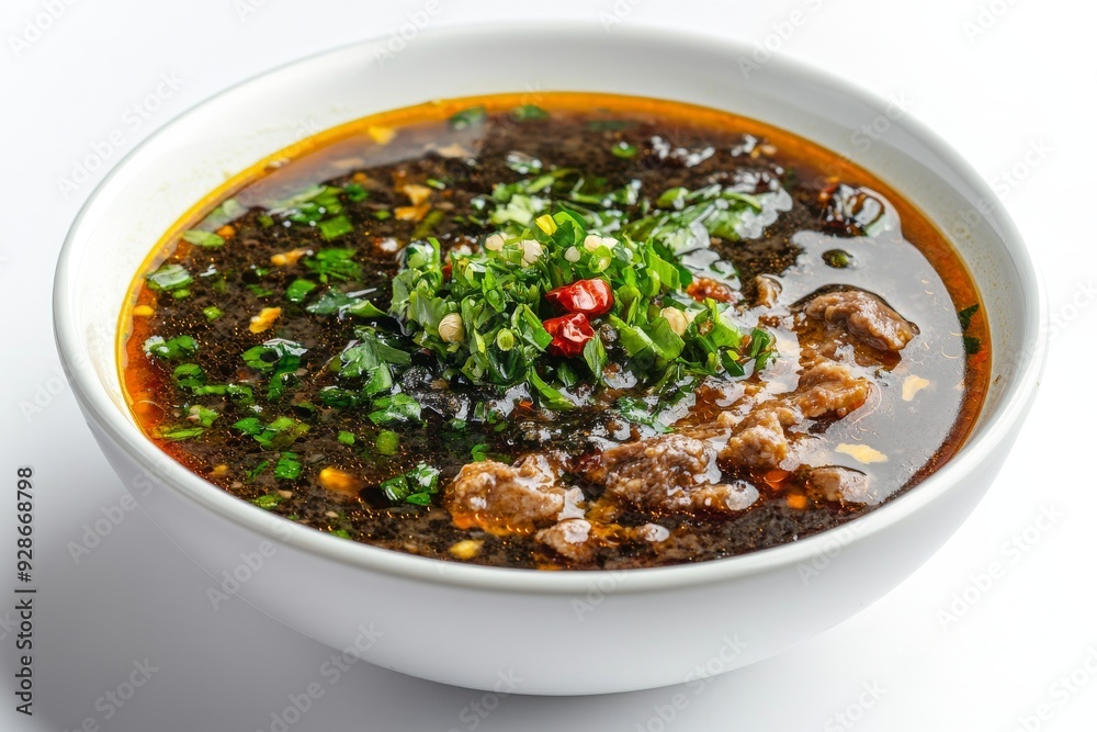 Nguling Black Soup. It is known for its slightly sweeter and more aromatic broth, thanks to the addition of more spices. Isolated on White Background Nguling Black Soup. It is known for its slightly sweeter and more aromatic broth, thanks to the addition of more spices. Isolated on White Background