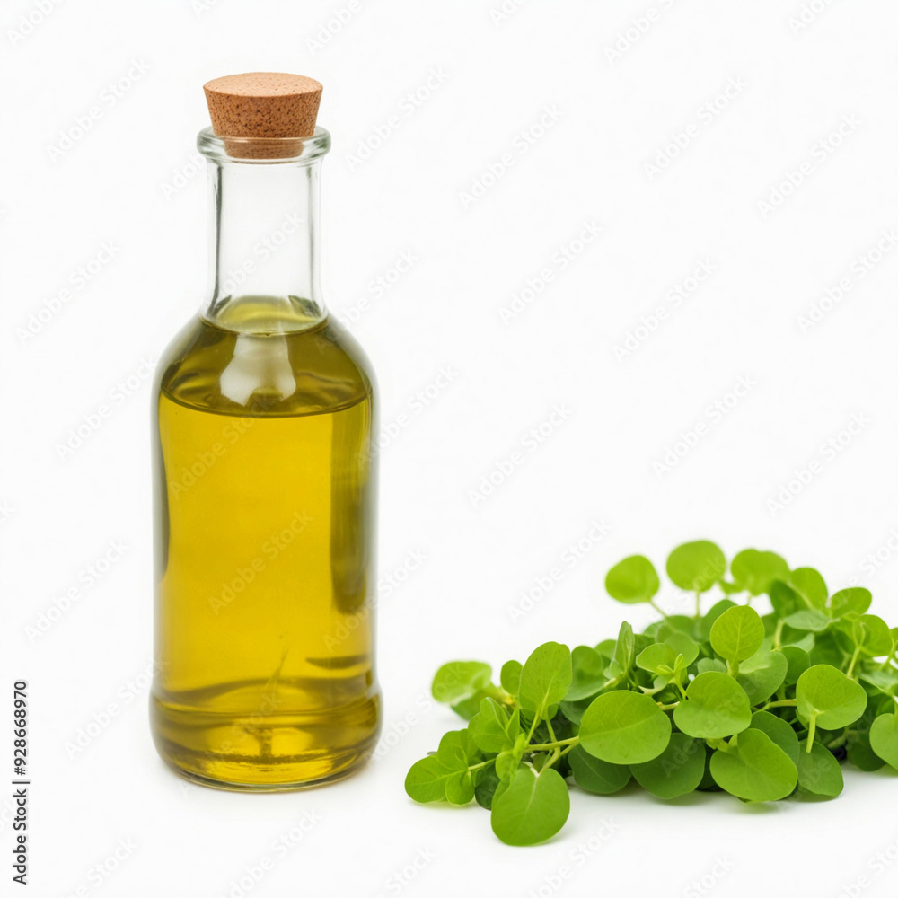 Ayurvedic herb leaves with essential oil, isolated on white background Ayurvedic herb leaves with essential oil, isolated on white background