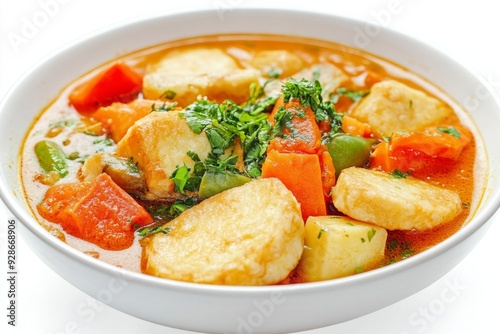 Padang Vegetable Stew with Rice Cakes, This variant from West Sumatra is spicier and richer in flavor. Isolated on White Background