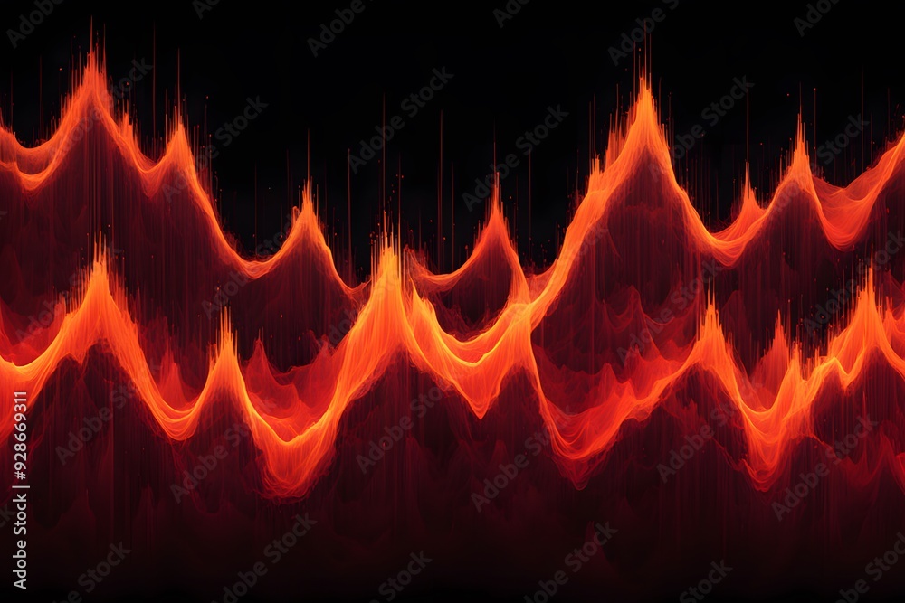 Naklejka premium Dynamic jagged sound waves in bright orange and red against a dark contrasting background, AI Generated