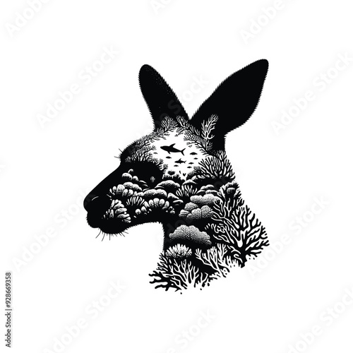 silhouette of Kangaroo filled with underwater view with coral in rough drawing,