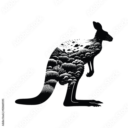 silhouette of Kangaroo filled with underwater view with coral in rough drawing,