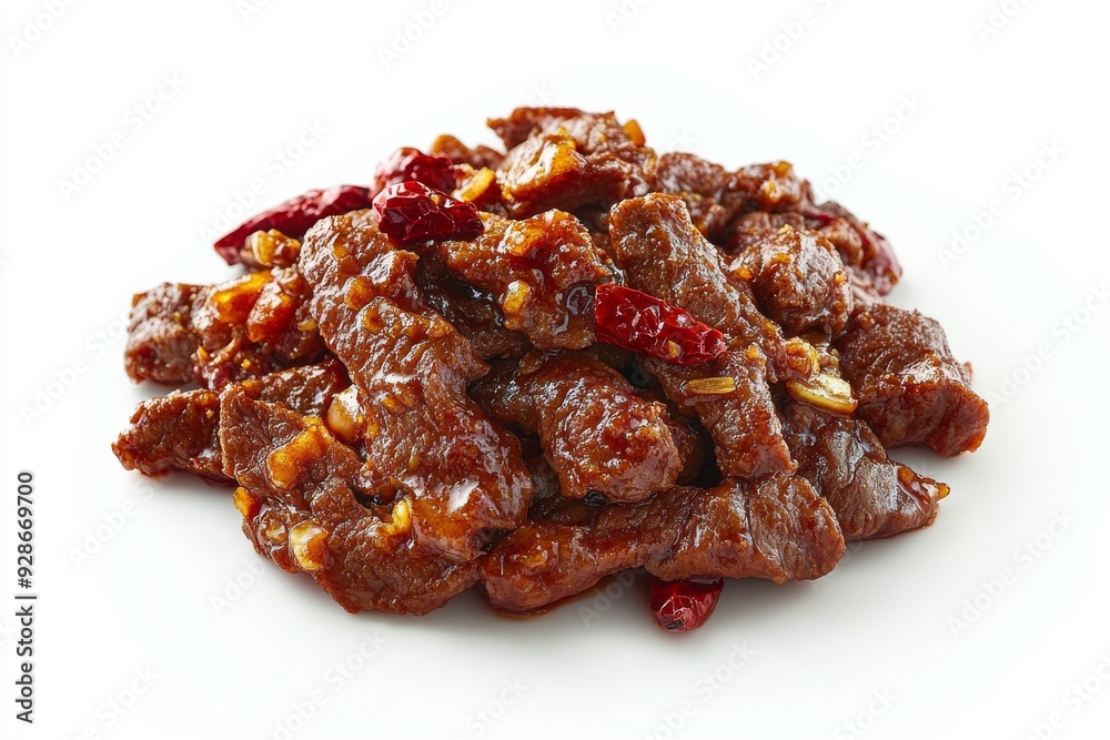 Spicy Fried Beef, Thinly sliced beef that is deep-fried until crispy and then coated with a spicy chili sauce made from red chilies, shallots, garlic, and tomatoes. Isolated on White Background