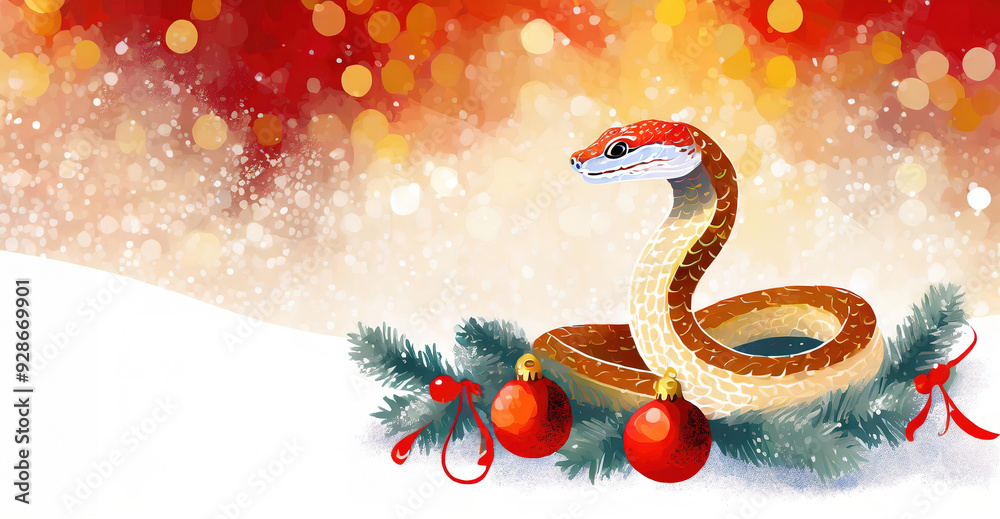 Watercolor illustration with snake, christmas tree and decorations. New Year's festive card Merry Christmas and happy new year 2025.