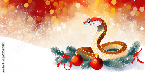 Obraz na płótnie Watercolor illustration with snake, christmas tree and decorations. New Year's festive card Merry Christmas and happy new year 2025. w salonie