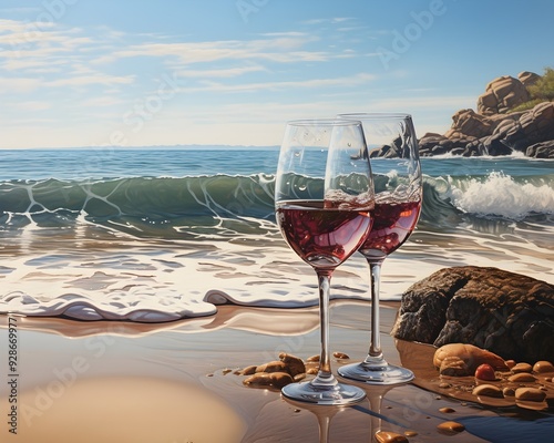  A close-up of a glass of red wine placed on a sandy beach. The serene ocean waves gently crash in the background under a beautiful sunset, creating a tranquil and relaxing scene.
