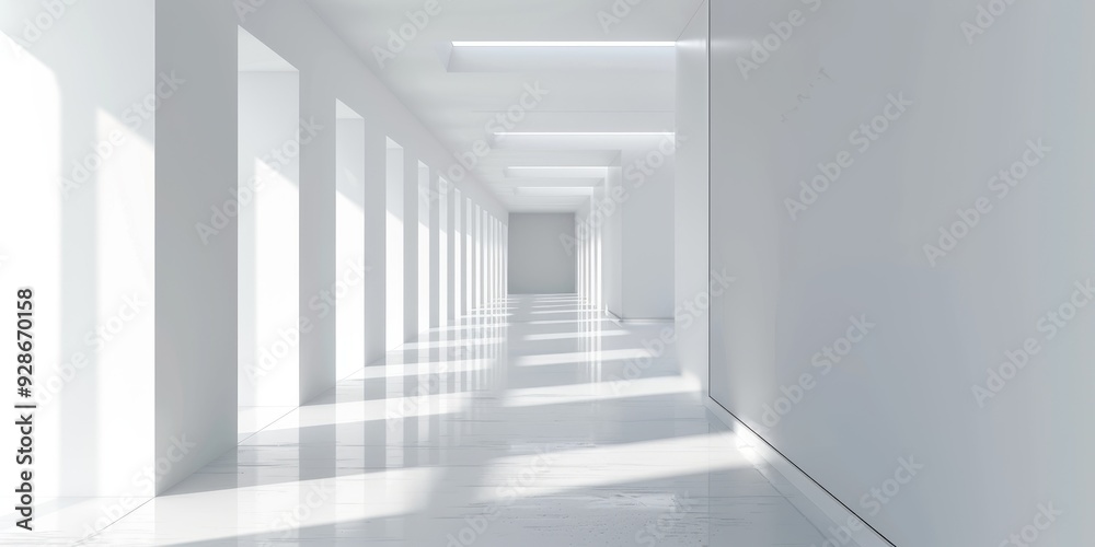 A bright, minimalist hallway with long shadows and clean lines, perfect for modern architecture and interior design themes.