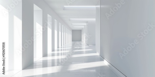 A bright, minimalist hallway with long shadows and clean lines, perfect for modern architecture and interior design themes.