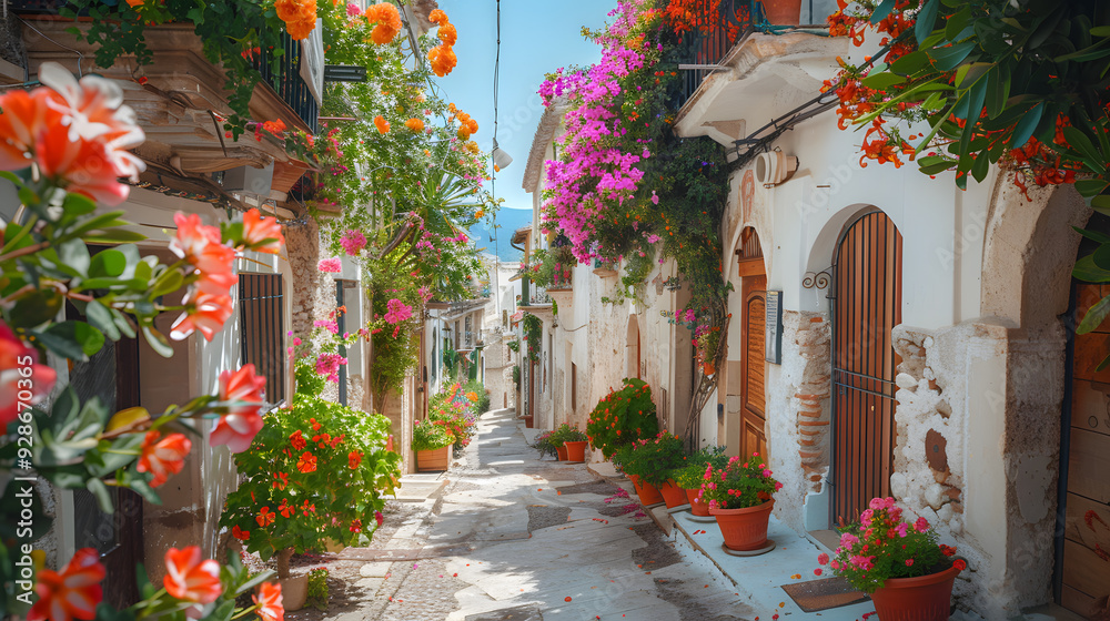 Fototapeta premium A charming summer street in a Mediterranean village, with narrow alleys, vibrant flowers cascading from balconies, and the scent of fresh citrus in the air.
