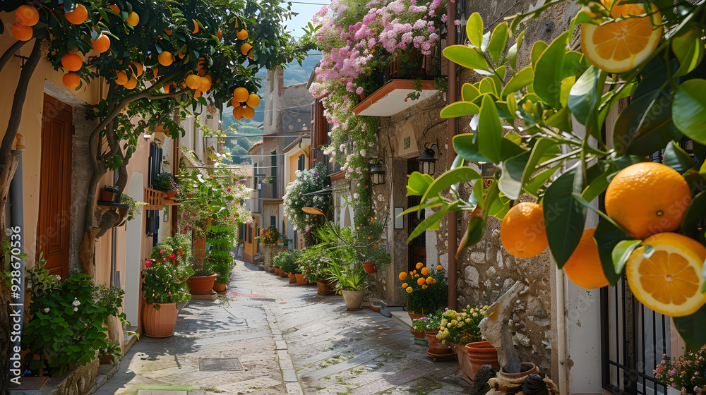 Obraz premium A charming summer street in a Mediterranean village, with narrow alleys, vibrant flowers cascading from balconies, and the scent of fresh citrus in the air.