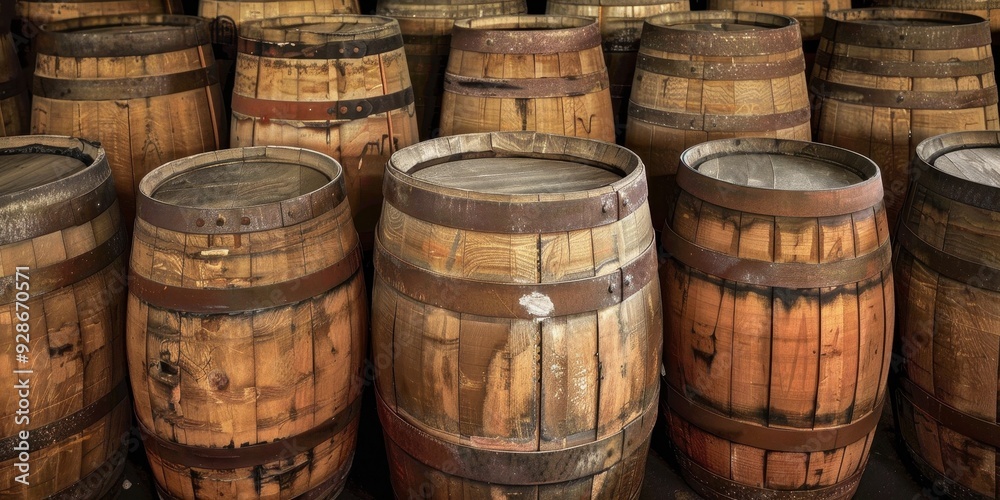 A collection of rustic wooden barrels arranged in rows, ideal for conveying a sense of tradition and craftsmanship. A collection of rustic wooden barrels arranged in rows, ideal for conveying a sense of tradition and craftsmanship.