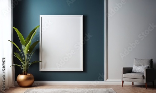 A white framed picture hangs on a blue wall