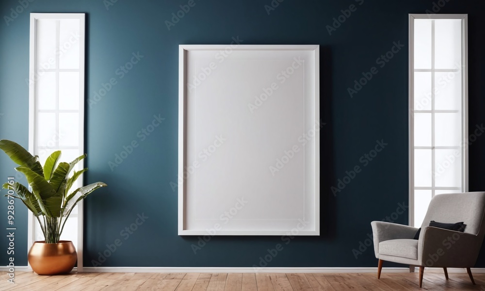 A large white framed picture hangs on a blue wall A large white framed picture hangs on a blue wall