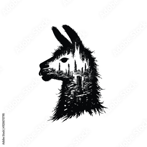silhouette of Llama filled with destroyed futuristic dystopia environment in rough drawing,