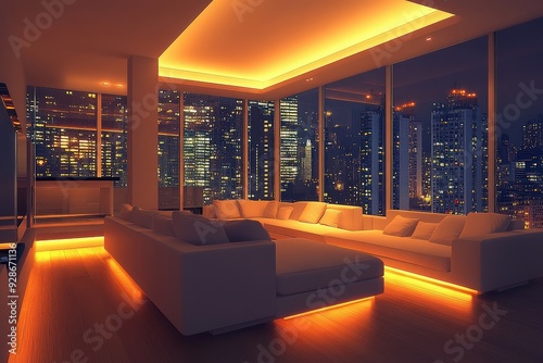 Modern living room with city night view photo