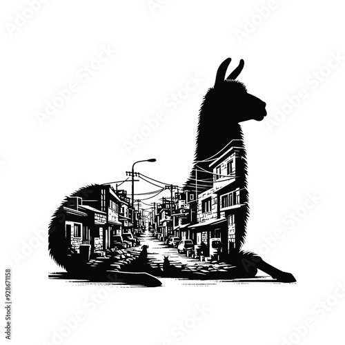 silhouette of Llama filled with ghetto street in rough drawing,
